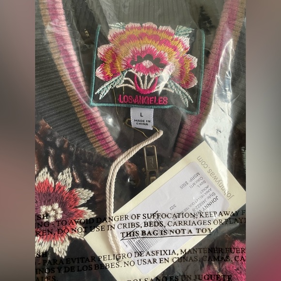 NWT JOHNNY WAS JUNIA VELVET QUILTED BOMBER JACKET ZIP FRONT, EMBROIDERED, SZ L - Picture 4 of 10